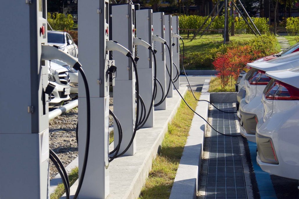 E-car is charged at public charging points.